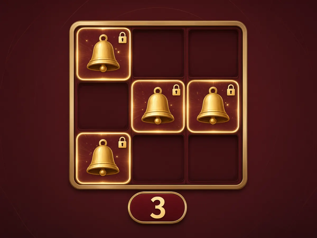 Slot grid with locked bell symbols and a respin counter illustrating a Hold and Win bonus feature