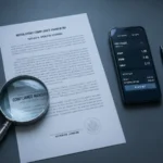 Smartphone with a betting app next to a regulatory document and magnifying glass, representing scrutiny of betting site customer protection