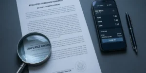 Smartphone with a betting app next to a regulatory document and magnifying glass, representing scrutiny of betting site customer protection
