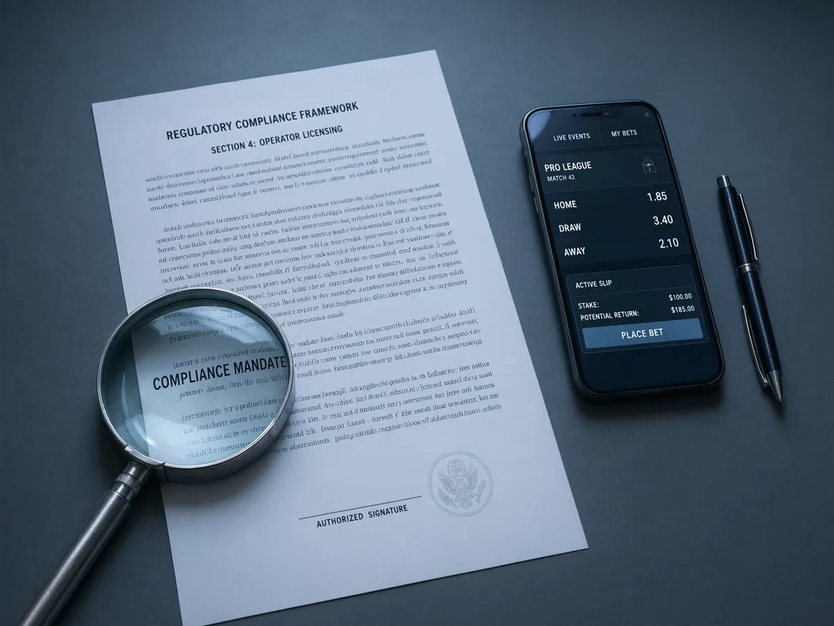 Smartphone with a betting app next to a regulatory document and magnifying glass, representing scrutiny of betting site customer protection