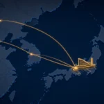 Illustrated map showing flight routes from Seoul and Chinese cities converging on a new integrated resort in Osaka Bay