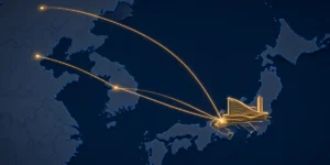 Illustrated map showing flight routes from Seoul and Chinese cities converging on a new integrated resort in Osaka Bay
