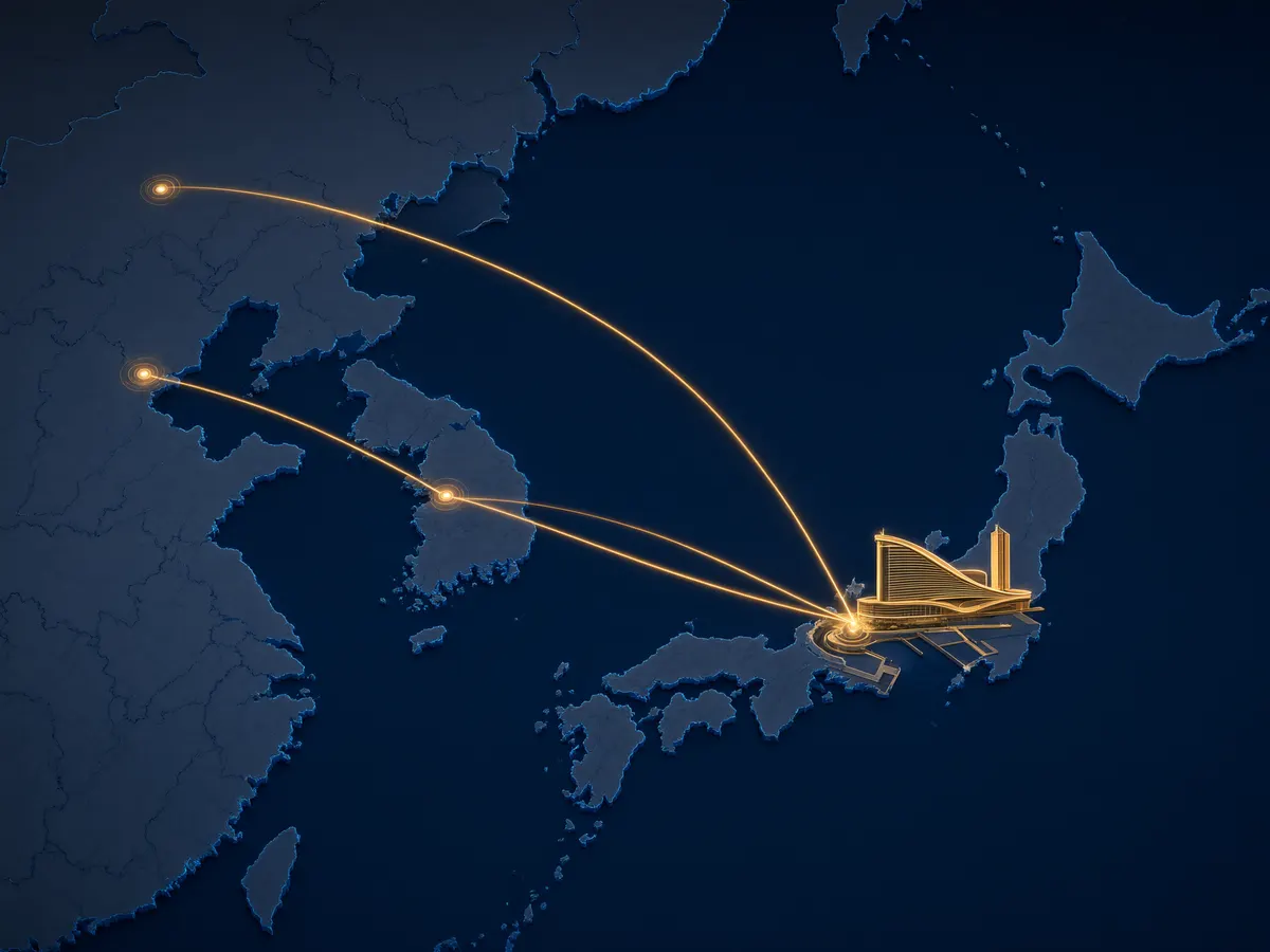Illustrated map showing flight routes from Seoul and Chinese cities converging on a new integrated resort in Osaka Bay