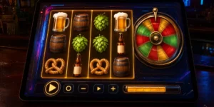 Slot reels with beer-themed bonus symbols and a mystery prize wheel