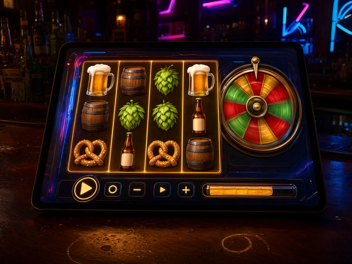 Slot reels with beer-themed bonus symbols and a mystery prize wheel