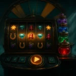 Illustration of a slot machine with four coloured bonus pots and a prize wheel