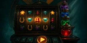 Illustration of a slot machine with four coloured bonus pots and a prize wheel