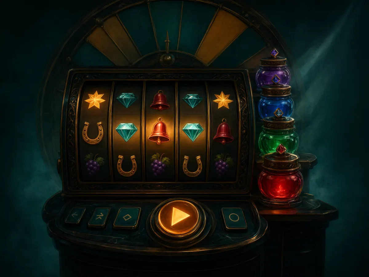 Illustration of a slot machine with four coloured bonus pots and a prize wheel