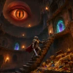 Fantasy tower interior with walkways, portals and a knight climbing past treasure chests, illustrating the Tower Run Treasure Steps slot