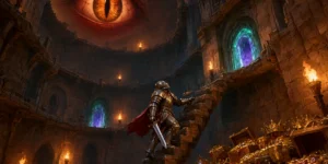 Fantasy tower interior with walkways, portals and a knight climbing past treasure chests, illustrating the Tower Run Treasure Steps slot