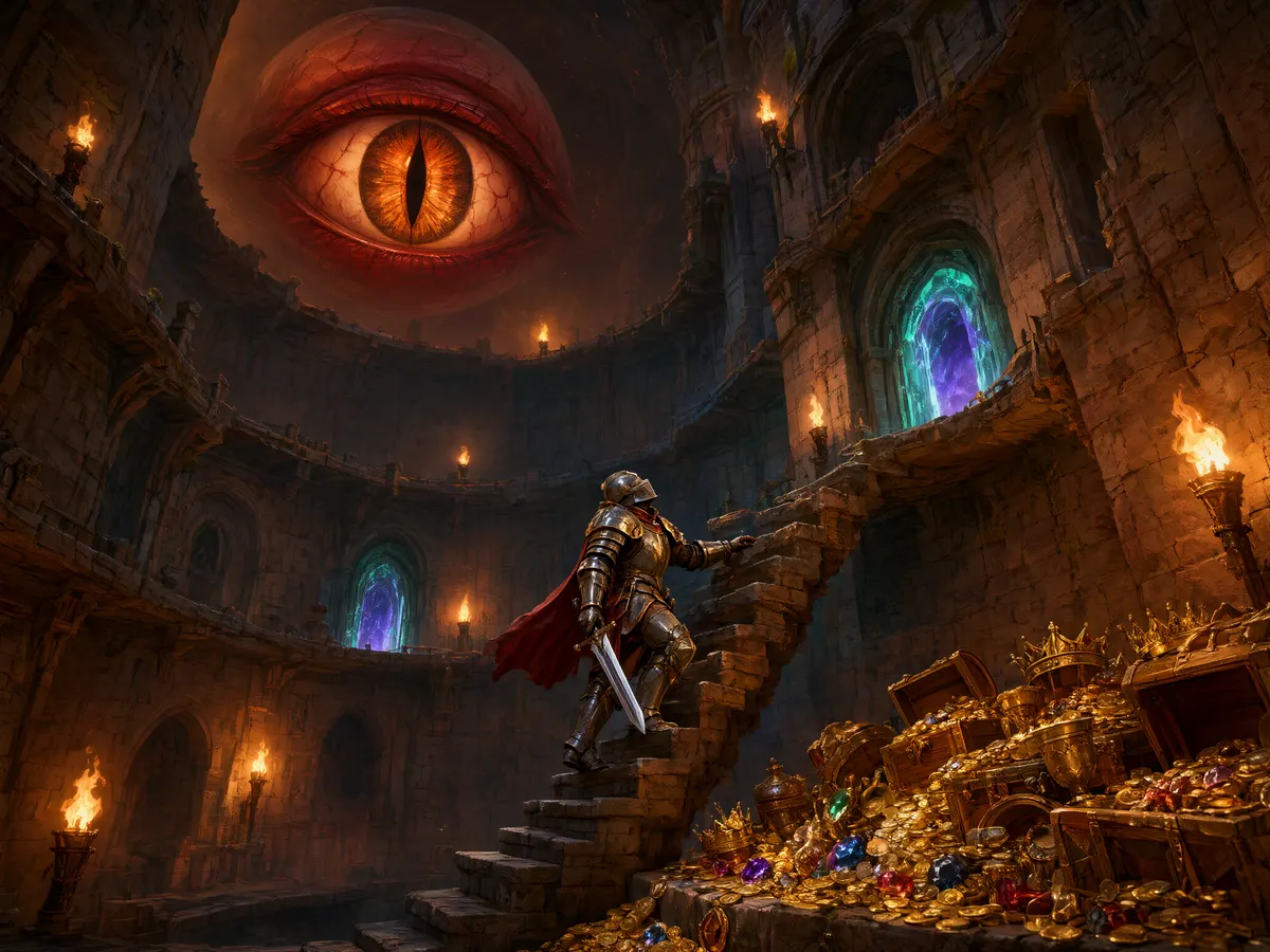 Fantasy tower interior with walkways, portals and a knight climbing past treasure chests, illustrating the Tower Run Treasure Steps slot