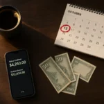 Phone showing a salary credit notification next to a calendar with one date circled
