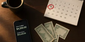 Phone showing a salary credit notification next to a calendar with one date circled