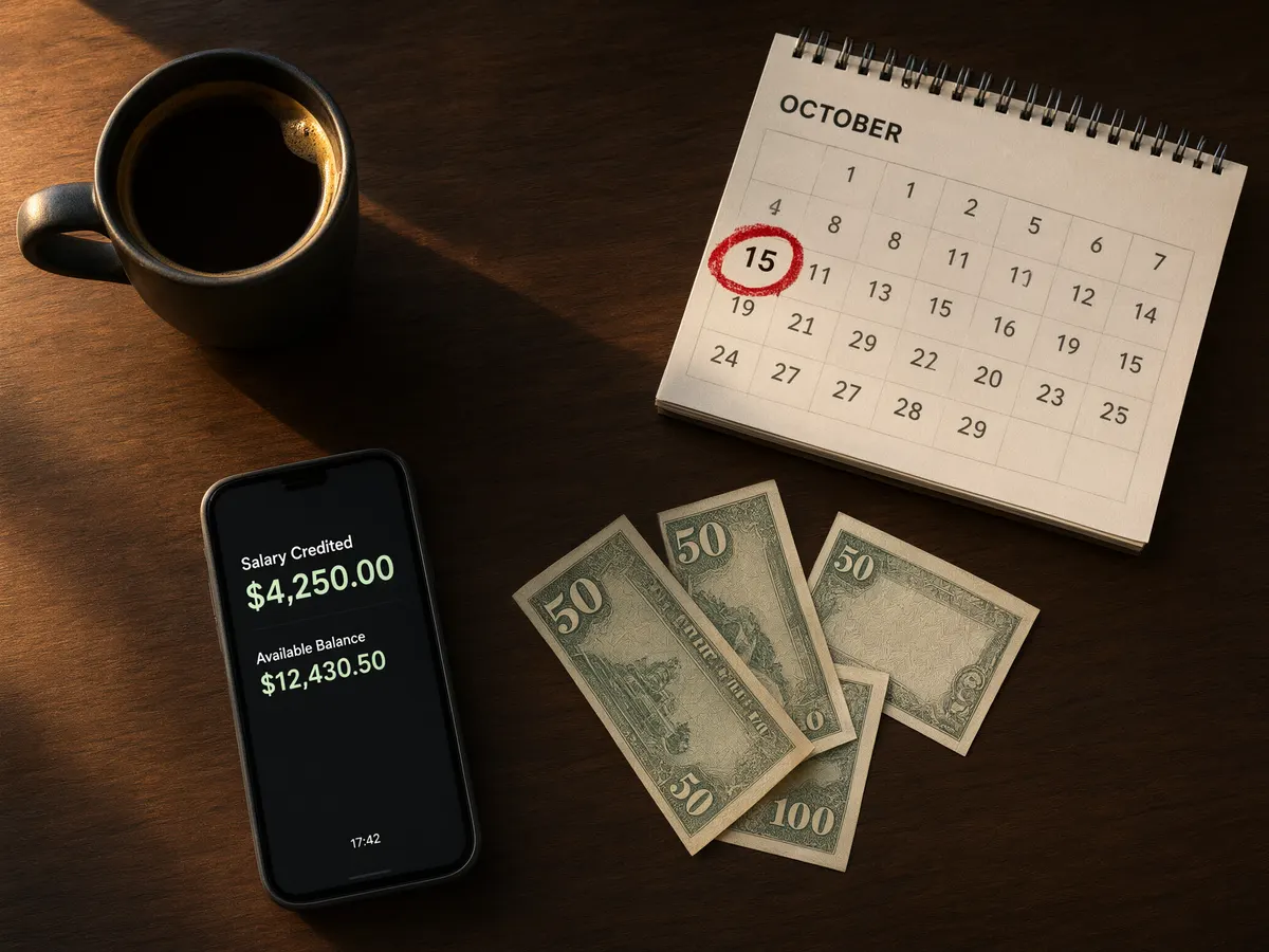 Phone showing a salary credit notification next to a calendar with one date circled